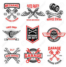 Set Of Auto Service Emblems Auto Parts Tires Shop Mechanic On Duty Design Elements For Logo Label Emblem Sign Badg Auto Service Auto Shop Logo Tyre Shop
