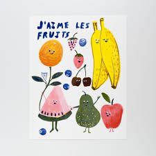 Handprinted Risograph Art Print Featuring Various Fruits And J Aime Les Fruits Fruit Art Print Risograph Print Risograph