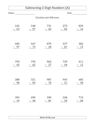 Free learning material for kindergarten. 3 Digit Minus 2 Digit Subtraction A