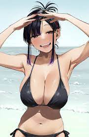 igarashi kyouhei, elder cousin (igarashi kyouhei), original, commentary  request, highres, 1girl, :d, arms up, beach, bikini, breasts, brown eyes,  cleavage, day, fingernails, folded hair, folded ponytail, horizon, large  breasts, looking at viewer,
