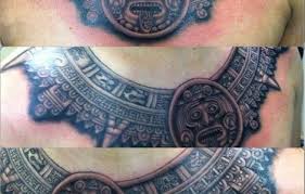 The wearer has used some colors right when coming at the end of the design. Aztec Calendar Tattoo Chest Nail Art Tattoo Aztec Tattoo Designs Tattoos Aztec Calendar