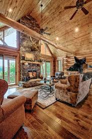 Great Room Unique Wood Flooring Fireplace Flat Feature Wall Interior Dowell Golden Eagle Log Homes 4 Cabin Interior Design Log Home Living Log Cabin Living