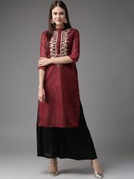 moda rapido women maroon embroidered detail straight kurta
