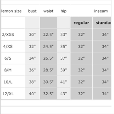 lululemon size chart inches best picture of chart anyimage org