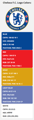 Chelsea's home kit colours are royal blue shirts and shorts with white socks. Chelsea Team Colors Hex Rgb Cmyk Pantone Color Codes Of Sports Teams