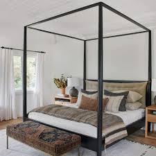 Black nickel finish metal canopy bed with upholstered headboard insert upholstery options include white linen, dark grey linen, or black bonded leather mattress and box spring are required for use, but not included full bed measures 58.5 w x 81 d. Penny Canopy Solid Oak Bed Shoppe Amber Interiors