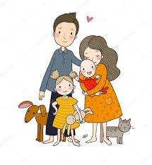 Mutlu bir aile. Anne ile çocuk. Sevimli çizgi baba, anne, kızı, oğlu ve  bebek. Komik hayvan kedi ve köpek ©Natasha_Chetkova 323348524e ait Stok  Vektör