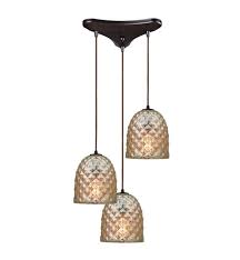 After breaking the original pink shade and the replacement purple shade (which was a different brand and cost. Elk Lighting 10765 3 Brimley 3 Light 14 Incandescent Raised Diamond Texture Mercury Glass Shade Triangular Pendant In Oil Rubbed Bronze