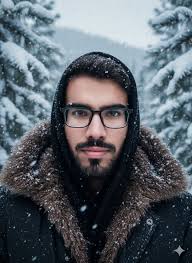 Cinematic portrait of male ice climber in snowstorm