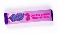 Image result for what are the flavours in the 3-course dinner chewing gum invented by willy wonka?