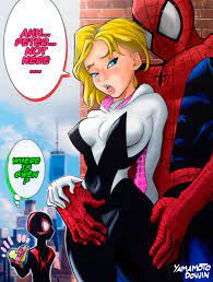 yamamoto doujin, gwen stacy, miles morales, peter parker, spider-gwen,  spider-man, marvel, spider-man: into the spider-verse, spider-man (series),  spider-verse, highres, 1girl, 2boys, age difference, artist name, blonde  hair, blue eyes, blush, bodysuit ...