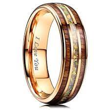 This 14k yellow gold version of the solsticio design features an offset stripe of gold in sustainably collected brown nacascolo wood with a sterling silver inner band. Men S Tungsten Carbide Wedding Band Matching Rings Rose Gold Tone Wood And Rainbow Opal Inlay Ring I Love You Text With Mens And Womens Ring For Width 4mm 6mm 8mm 10mm