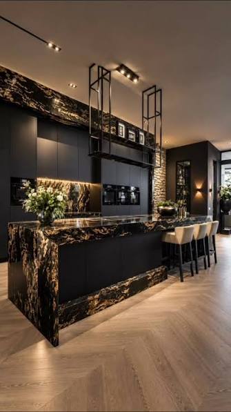 Bookmatched Marble Kitchen Island With Dramatic Veining And Bespoke  Cabinetry