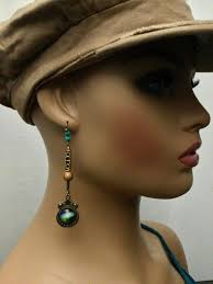 Bronze Drop and Dangle Turquoise and White “heavens” Cabochon Earrings.  Anointed Lava Beads and Olive Wood Bead From Bethlehem. 3.3” Long.