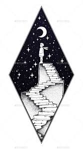 Black And White Diamond Road Sign Abandoned Ruin Stairway With A Boy Looking At Moon Space Drawings Surreal Tattoo Doodle Art