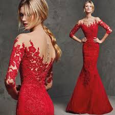 New Elegant Red Lace Mermaid Wedding Dresses Custom Size Applique 3 4 Sleeves Bridal Gown Floor Le Bridal Gowns Mermaid Red Evening Dress Red Long Sleeve Dress