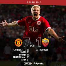 United, as the reds go marching on! Squawka Football On Twitter April 10th 2007 Man Utd 7 1 Roma April 10th 2018 Roma 3 0 Barcelona April 10th 2019 Man Utd Vs Barcelona