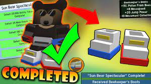 Like all other event bees, this bee does not have a favorite treat, and can only become gifted if the player bought it during the release, by feeding it a star treat or gingerbread bears. Completing Sun Bear Quests Beekeeper S Boots Roblox Bee Swarm Simulator Youtube
