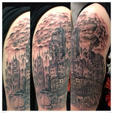 Maybe you would like to learn more about one of these? Grey Ink Haunted House Tattoo On Half Sleeve By Gary Parisi