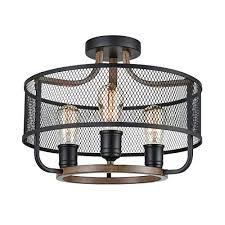 A few inches from the ceiling. Industrial Black Semi Flush Mount Ceiling Light Metal Mesh Drum Shade With Wood Finish Farmhouse Goals