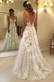 Elegant A Line V Neck Tulle Open Back Ivory Wedding Dresses Uk With Lace Appliques Pw114 Weddinggow Wedding Gowns Lace Ivory Wedding Dress Aline Wedding Dress