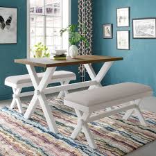 This set includes the table and 4 side chairs padded seats and a bench. Piscis 3 Piece Dining Set Farmhouse Dining Table Set With Upholstered Bench For Small Places Kitchen Dining Room White And Beige Walmart Com Walmart Com
