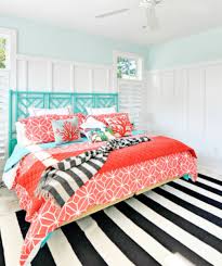 I gave my table two coats of minimalistic before layering on the color. Coral Reef Print Bedding Ideas Shop The Look Coastal Bedrooms Coral Bedroom Coastal Bedroom Decorating