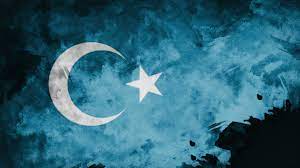 Türkiye bayrağı'na şekil olarak çok benzeyen, ama kırmızı yerine mavi arka plana sahip türk bayrağıdır. Destanlara Sigmayan Sozum Dogu Turkistan Bizim Semaver