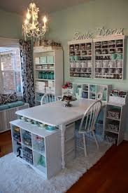 These are amazing rooms for creating crafts, sewing, quilting and more. Lovely Green And White Craft Room With Custom Shelving And Table Work Station Sewing Room Design Small Craft Rooms Diy Craft Room