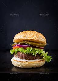 Black And White Sandwich Pictures Big Sandwich Hamburger Burger With Beef Pickles Tomato And Tartar Sauce On Black Background Big Sandwich Tartar Sauce Burger