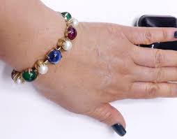 Vintage 50s Gold Tone W Faux Pearl & Green Blue Glass Cabochon Bracelet