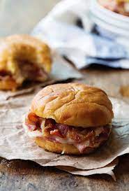 Hot Ham And Cheese Sandwiches With Bacon And Caramelized Onions Recipe Food Ham And Cheese Sandwich Yummy Food