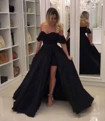 Littler Black Long Prom Dresses Short Front Long Back Spilit A Line Off Shoulder Lace Evening Gowns For Evening Dresses Long Black Evening Dresses Prom Dresses