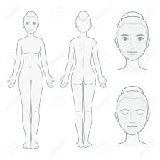 female body and face chart front and back view with head close