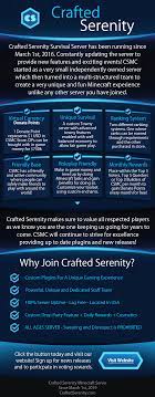 Home of over 35 unique games like megawalls, warlords and blitz:sg! Crafted Serenity Survival Minecraft Server