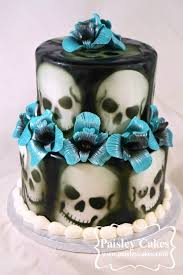 Airbrushed Skull Wedding Cake With Turquoise Sugar Orchids Halloween Wedding Cake Made By Paisley Ca Skull Wedding Cakes Halloween Wedding Cakes Paisley Cake