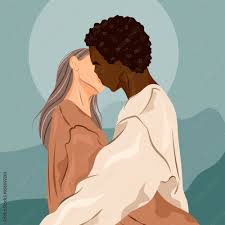 Young interracial couple holding each other and kissing. Concept for  healthy romantic relationship, dating, love, passion and family. Black male  and white female. Flat trendy illustration. Stock Vector | Adobe Stock