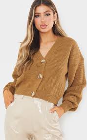 Michael kors camel shimmer long sleeve off the shoulder sweater size large. Camel Chunky Knit Button Down Cropped Cardigan Prettylittlething Qa