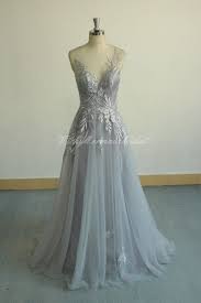 Unique Aline Tulle Lace Wedding Dress Dusty Blue Bridal Gown Etsy Lace Wedding Dress Vintage Grey Evening Dresses Grey Wedding Dress