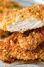 Put the flour in one shallow pie plate or baking dish, the egg mixture in another, and the panko in another. Crispy Parmesan Crusted Chicken Baked Spend With Pennies