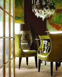 Unconventionally Beautiful Olive Green Leather Dining Chairs Dark Chocolate Walls Antiqued Chandelier Covered Wit Leather Dining Room Chairs Furniture Decor