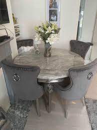 Grey ceramic dining table set + fabric corner bench(r) & 3 chairs. Vienna Grey Round Dining Table Set With 4 Chelsea Grey Knockerback Cha Jmd Furnishings