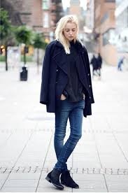Black Boots With Jeans Women Women S Navy Pea Coat Black Turtleneck Navy Skinny Jeans Navy Suede Chelsea Boots Fashion Street Style Scandinavian Fashion