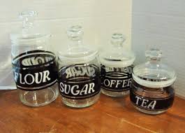 Black And White Canisters Black And White Glass Canisters Set Of 4 Clear Jars Black White Sugar Coffee Tea Flour Black And Glass Canister Set Glass Canisters Vintage Kitchen Decor