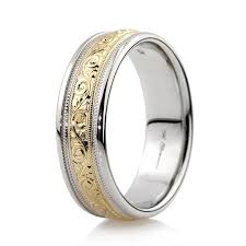 Men S Two Tone Hand Engraved Wedding Band In 14k White And Yellow Gold 7 0m Wedding Band Engraving Mens Yellow Gold Wedding Bands Mens Wedding Bands White Gold