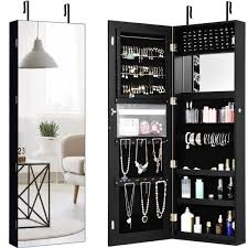 Wall door mounted mirrored jewelry cabinet armoire storage organizer brown. Costway Wall And Door Mounted Jewelry Box Cabinet Lockable Storage Organizer With Frameless Mirror Hw60386bk The Home Depot