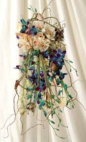 Cascading Bridal Bouquet Of White Cymbidium Orchids Blue Dendrobium Orchids Natural Curly Willow Bran Blue Orchid Bouquet Flower Bouquet Wedding Blue Orchids