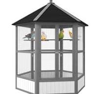 69" Large Wooden Hexagonal Outdoor Aviary Flight Bird Cage With Covered  Roof, Light Gray