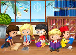 Black & white boy sitting on books. Children Reading Books In The Library Illustration Royalty Free Cliparts Vectors And Stock Illustration Image 61180345