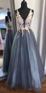 2020 Long Prom Dress In Smoke Blue Color With Floral Lace Appliques A Line Prom Dress 2020 5161 In 2020 Prom Dresses Blue Spring Prom Dresses Cute Prom Dresses